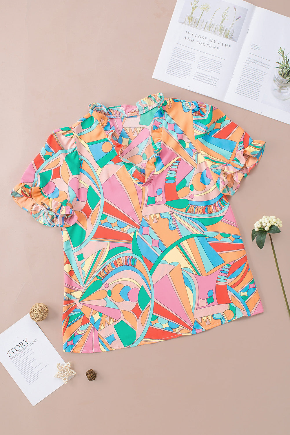 Multicolor Abstract Geometric Print Frilled V Neck Blouse