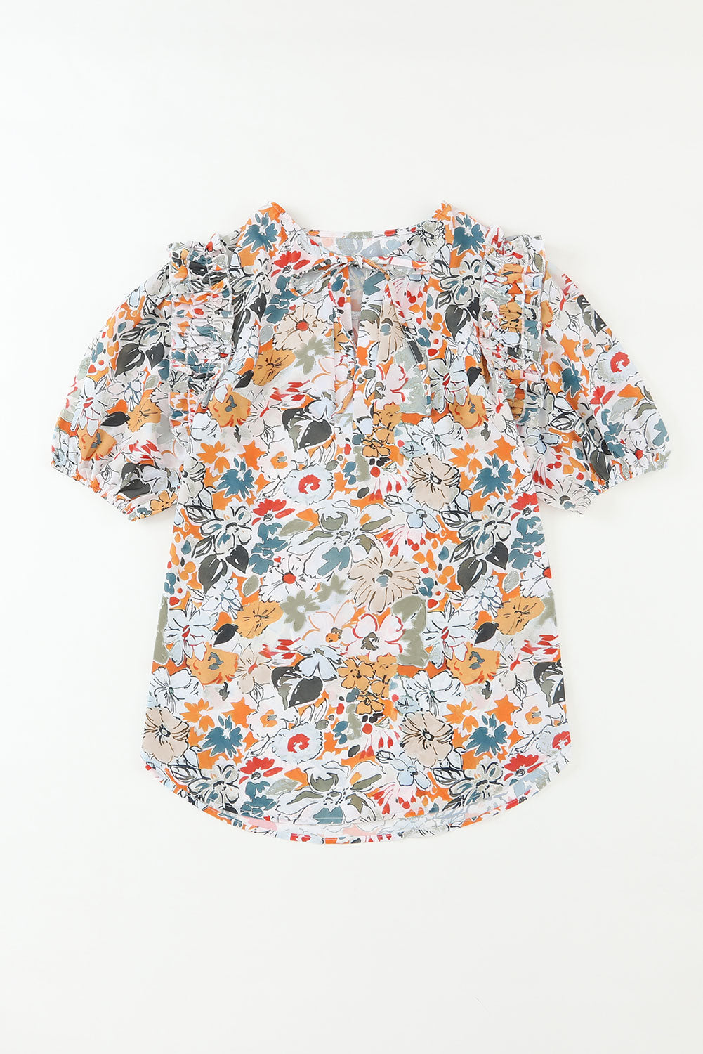 Multicolor Split V Neck Puff Sleeve Floral Print Blouse