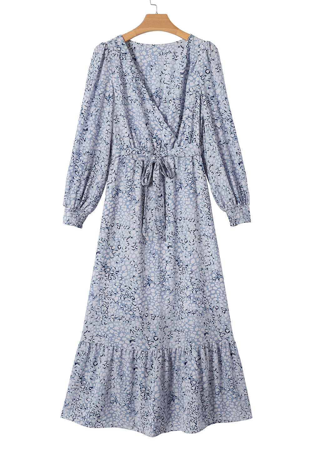 Sky Blue Printed Surplice V Neck Bubble Sleeve Sash Maxi Dress