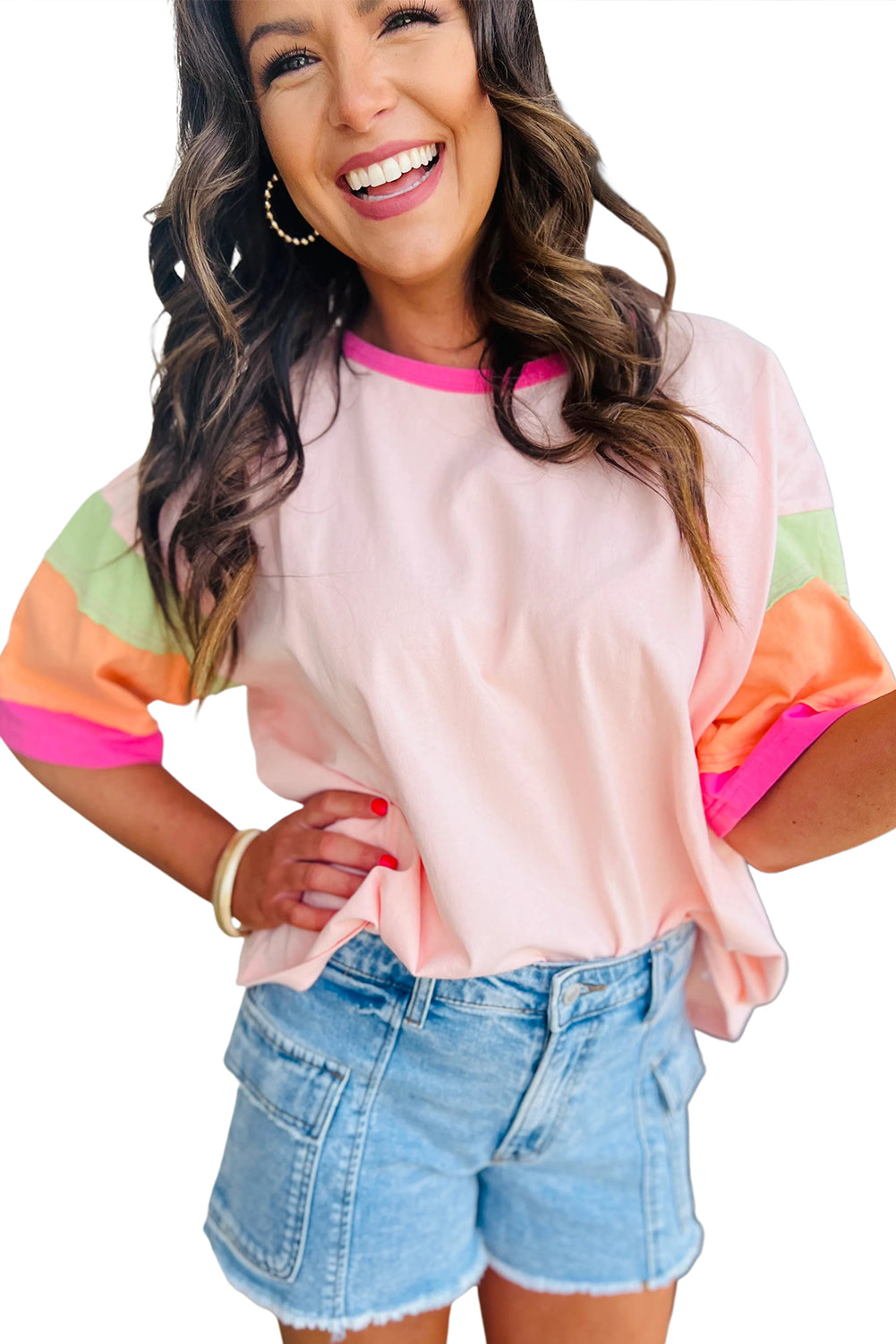 Pink Color Block Sleeve Round Neck Oversize Top