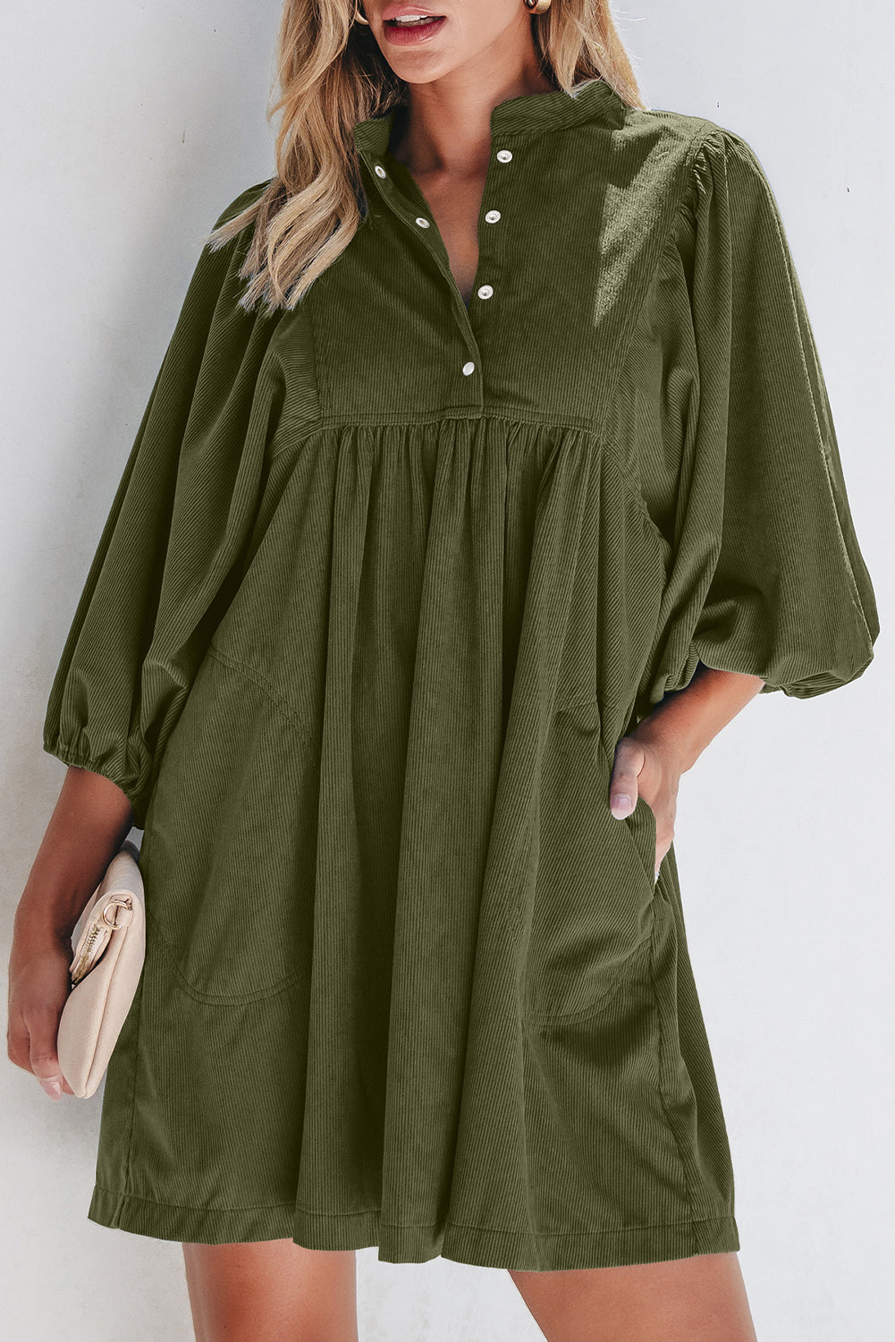 Vineyard Green Corduroy Snap Buttons Empire Waist Bracelet Sleeve Dress