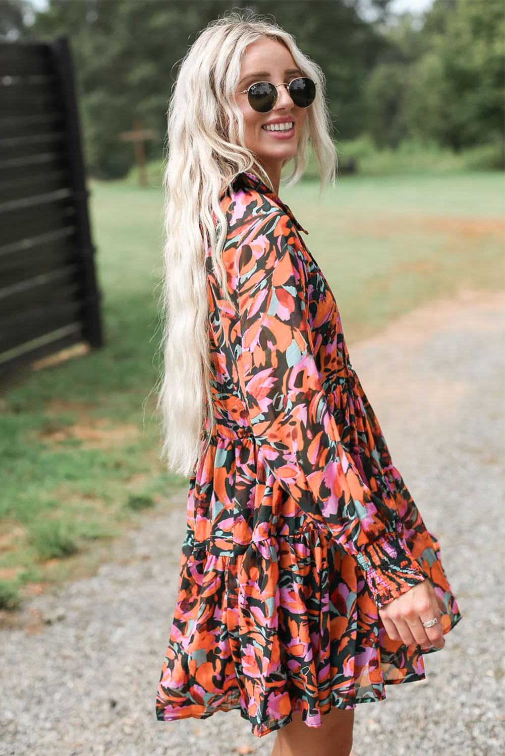 Red Boho Floral Print Shirred Cuffs Mini Tiered Dress