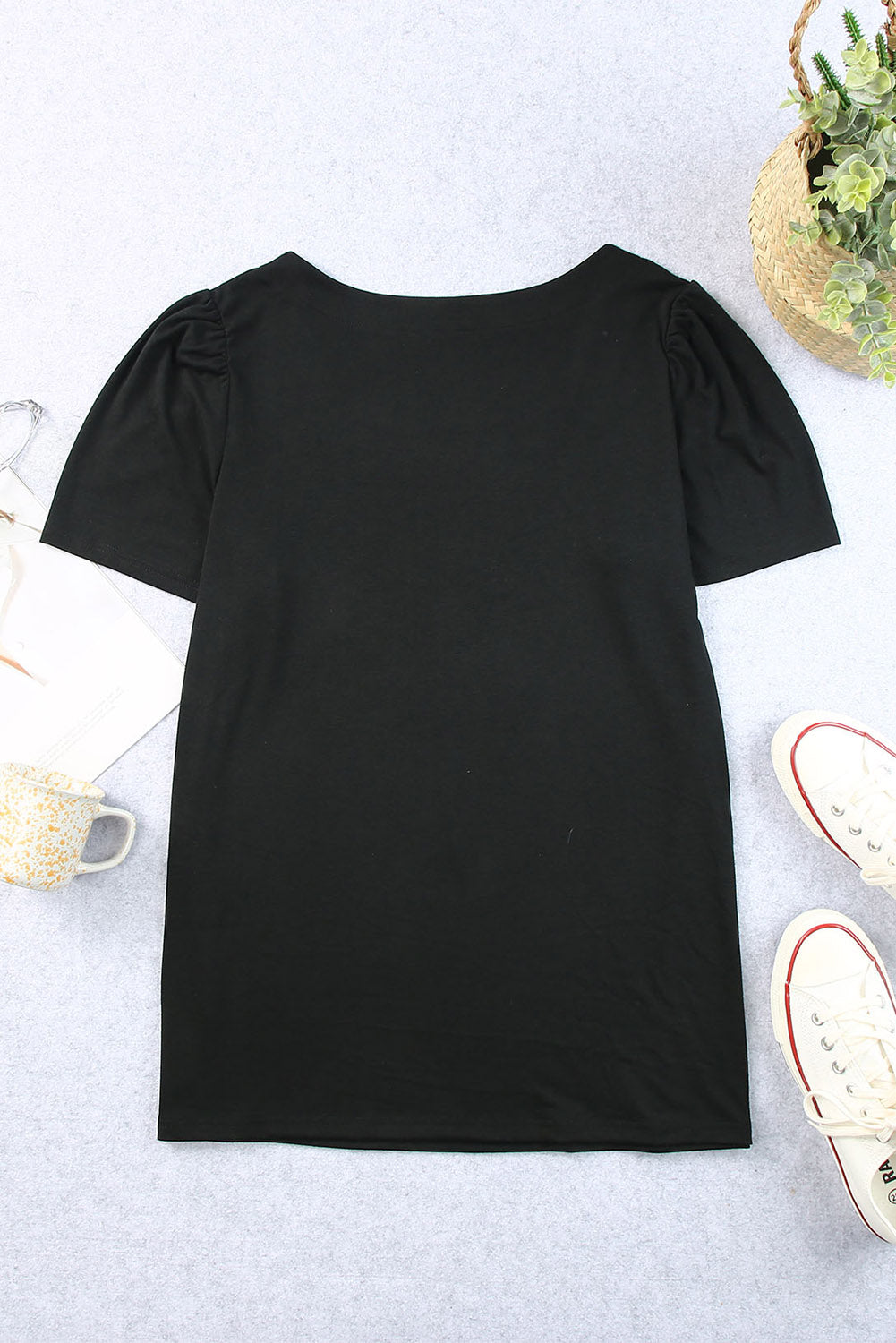 Black Plus Size Square Neck Ruched Shoulder Short Sleeve Top