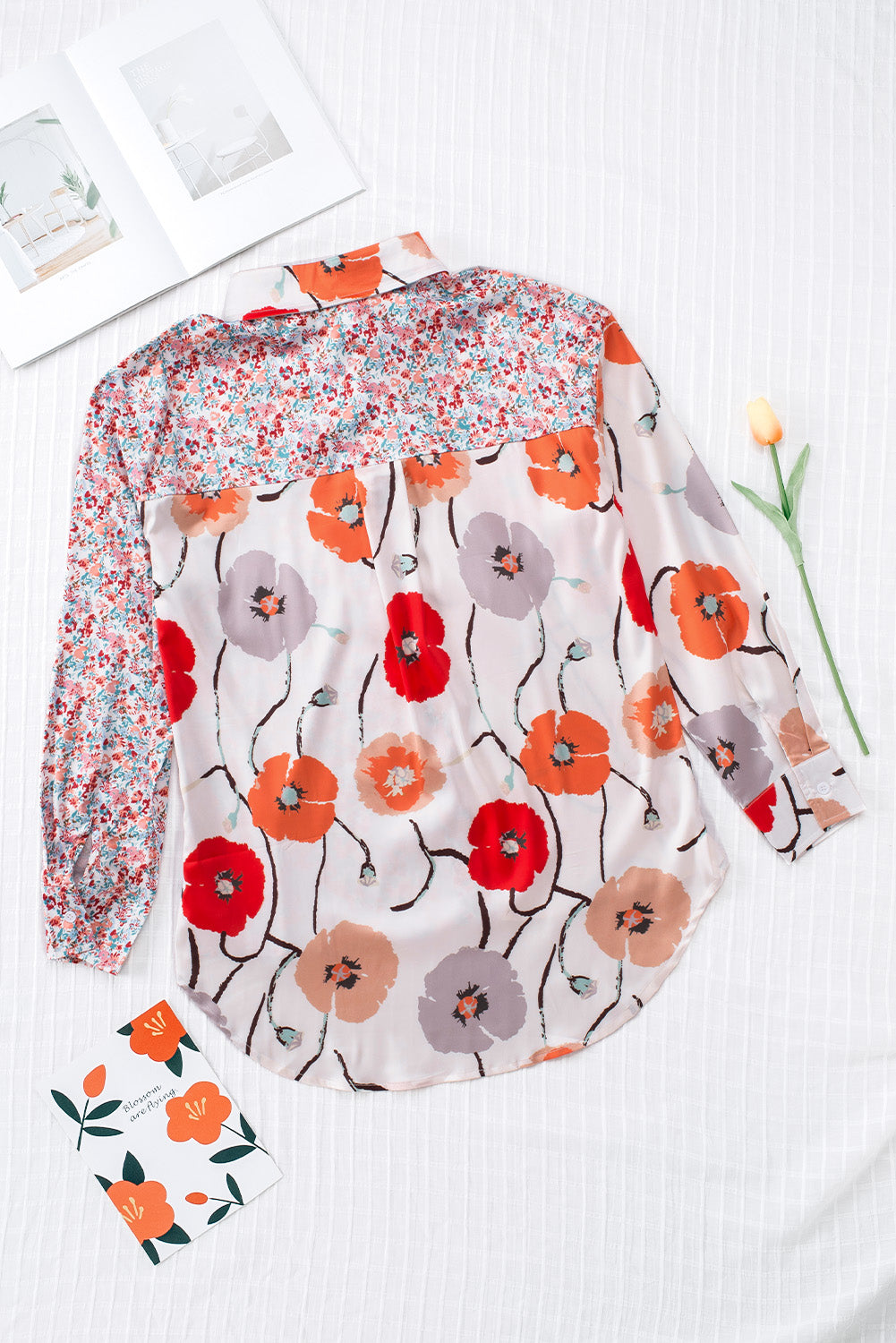 Red Bohemian Floral Pockets Patchwork Button Up Shirt