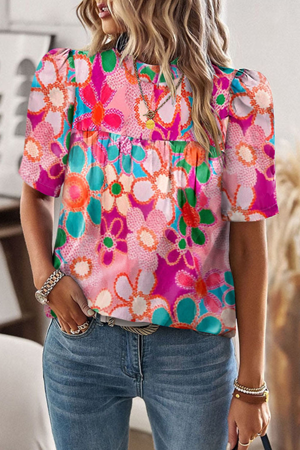 Multicolor Floral Print Tie Back Boho Short Sleeve Blouse