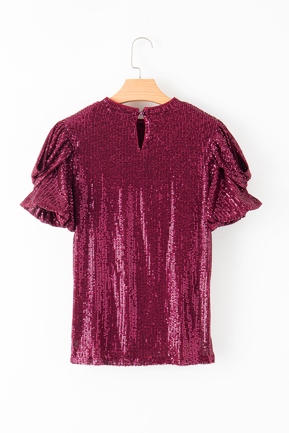 Burgundy Glittering Sequin Short Bubble Sleeve Blouse