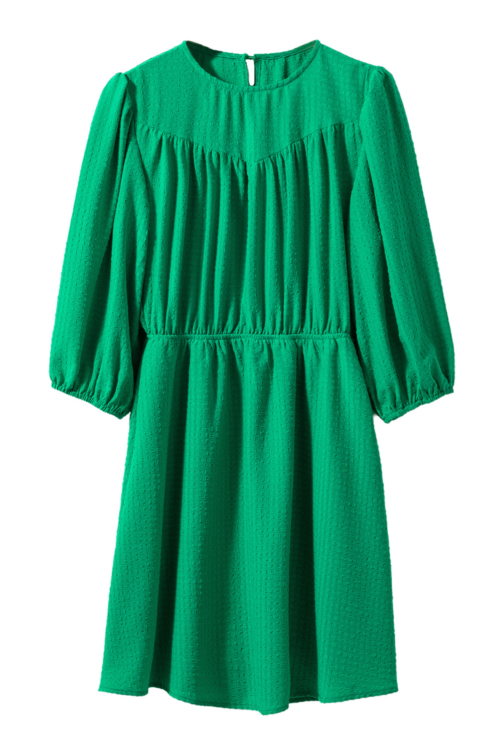 Dark Green Solid Color Round Neck Puff Sleeve Mini Dress