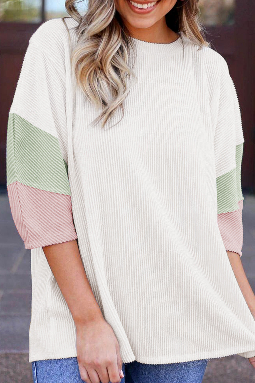 White Pit-striped Colorblock Drop Sleeve Top