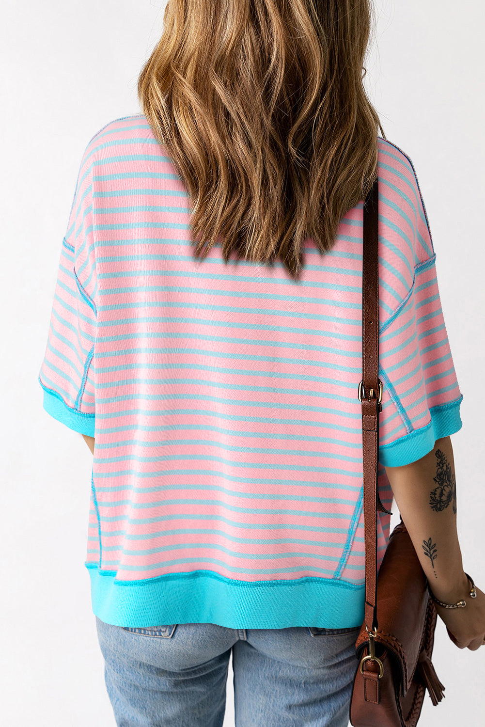 Sky Blue Stripe Contrast Drop Sleeve Loose Top