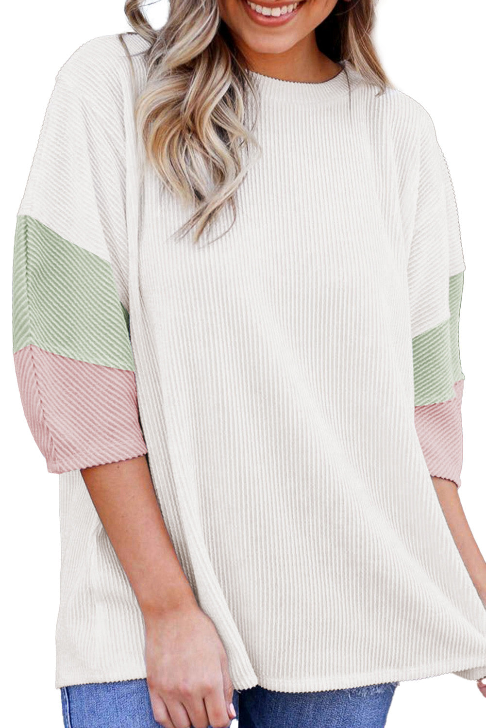 White Pit-striped Colorblock Drop Sleeve Top