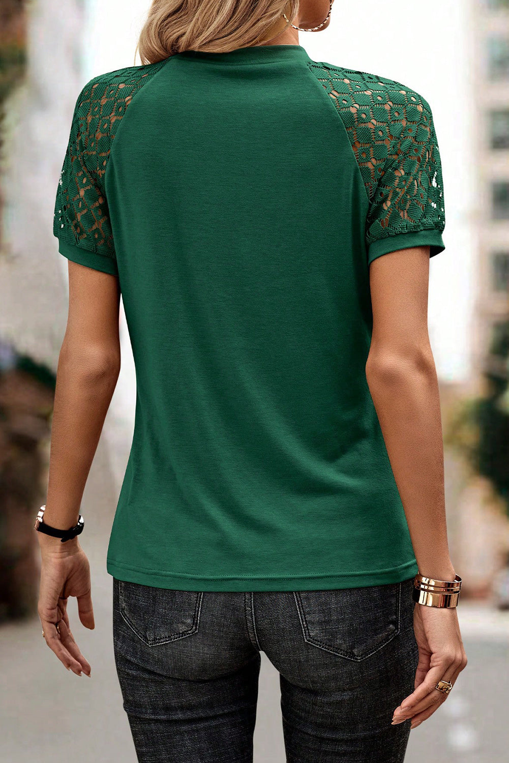 Blackish Green Seamed Detail Contrast Lace Raglan Sleeve Tee