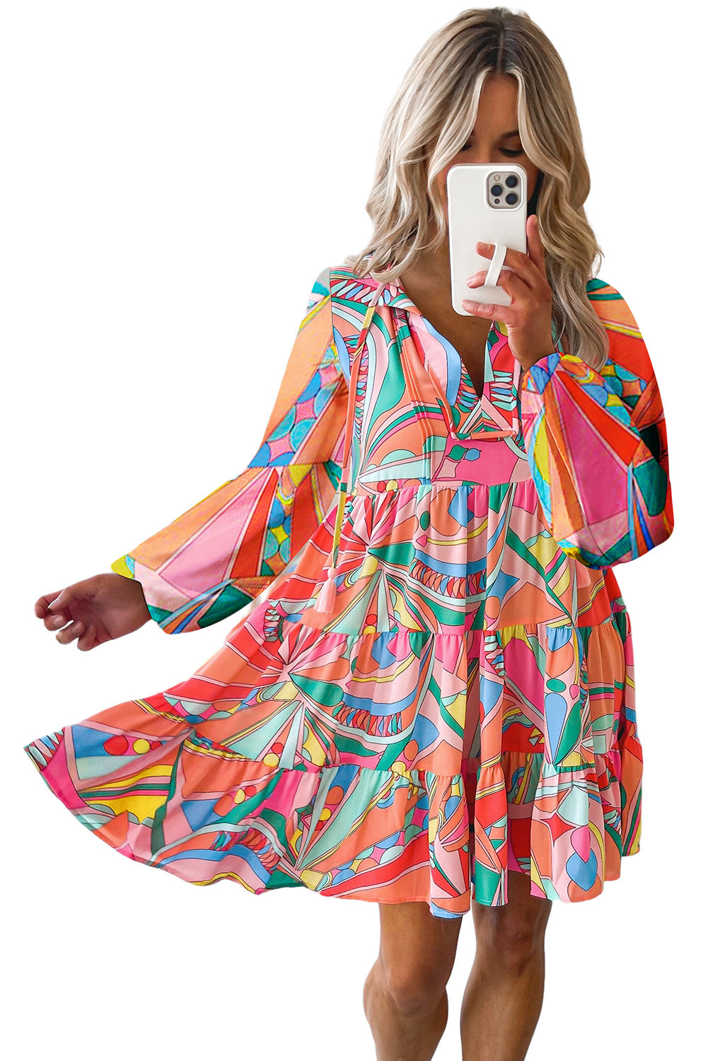 Multicolor Geometric Print Split Neck Ruffle Tiered Short Dress