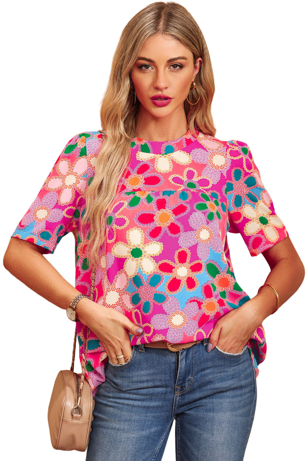 Multicolor Floral Print Tie Back Boho Short Sleeve Blouse