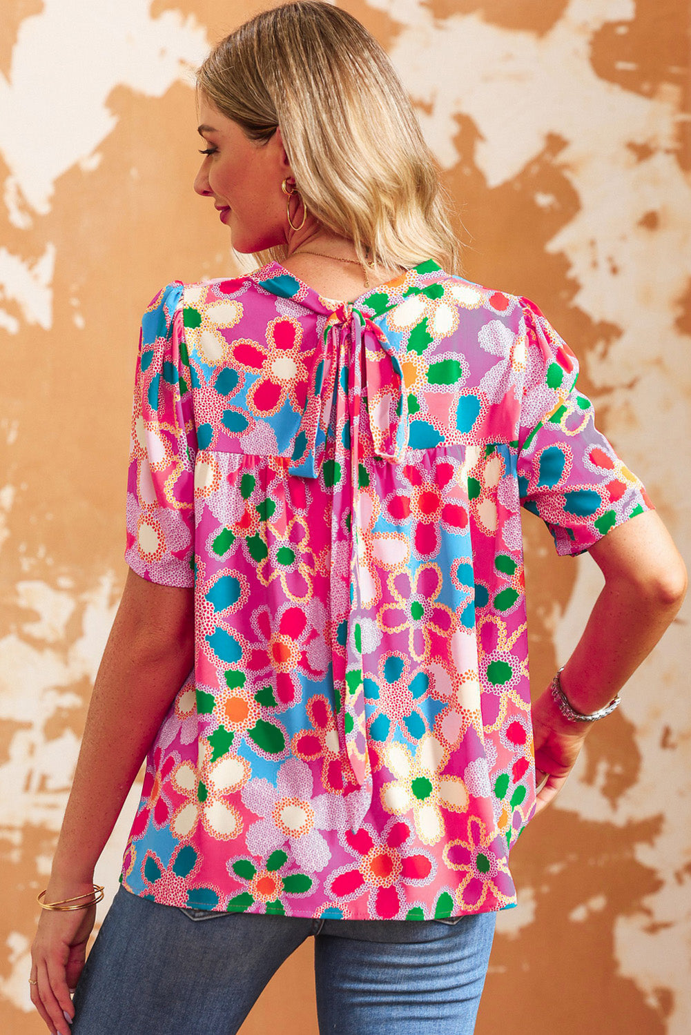 Multicolor Floral Print Tie Back Boho Short Sleeve Blouse