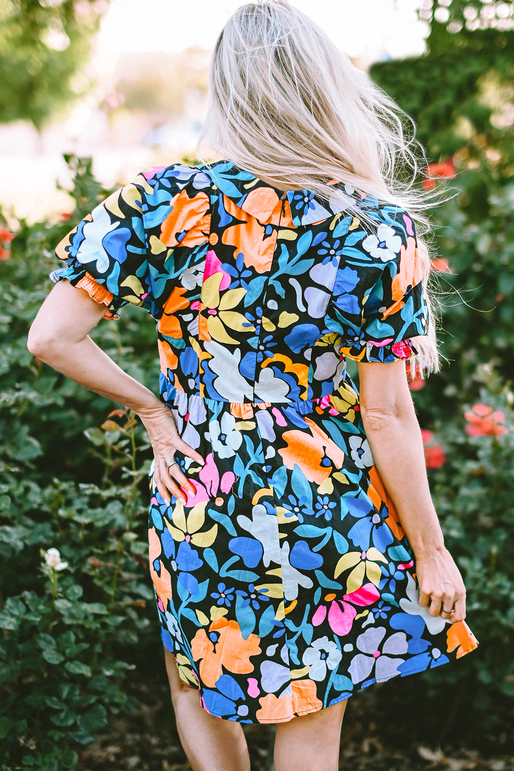 Blue Collared Split Neck Floral Flared Dress