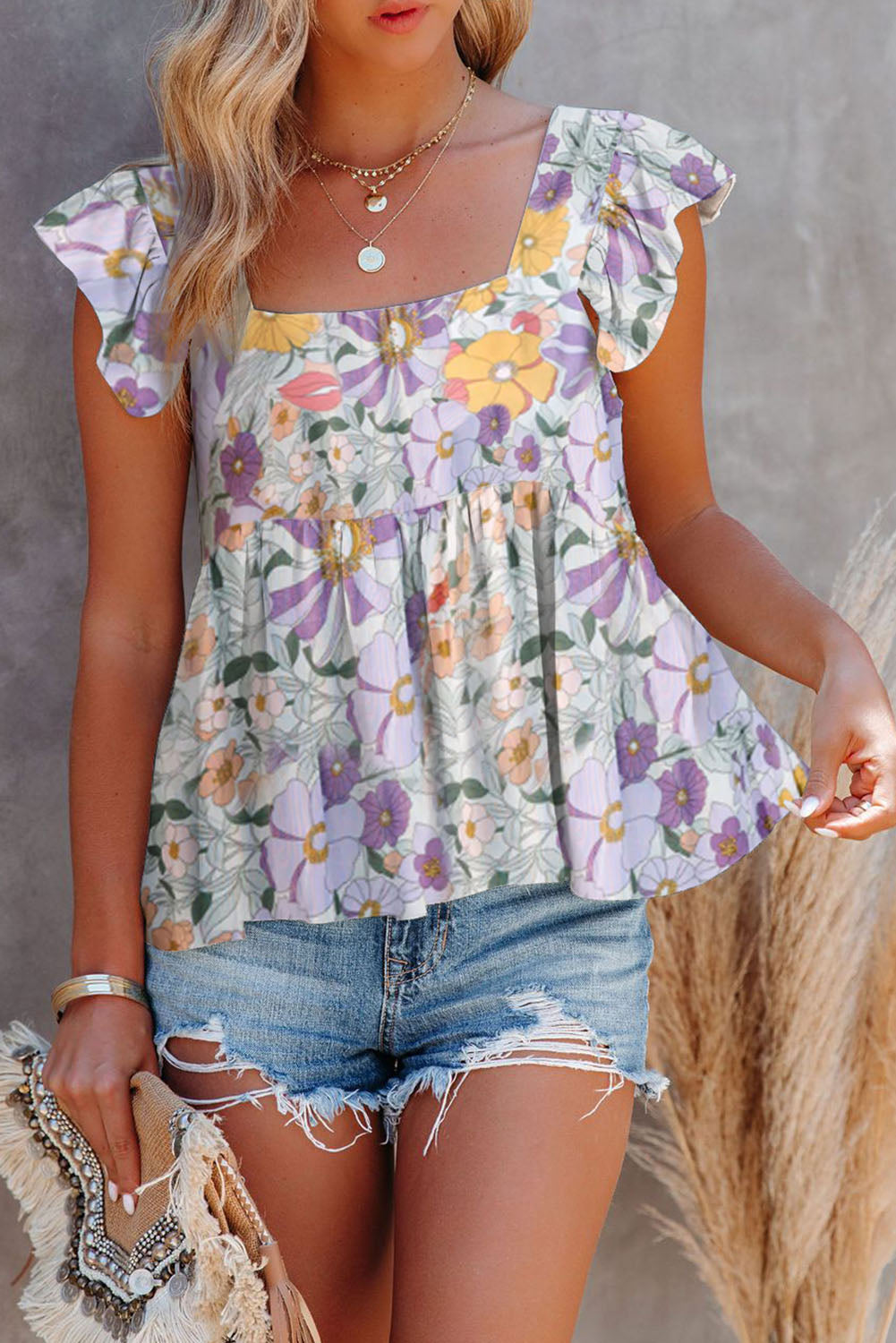 Multicolor Floral Print Flowy Flutter Sleeveless Shirt