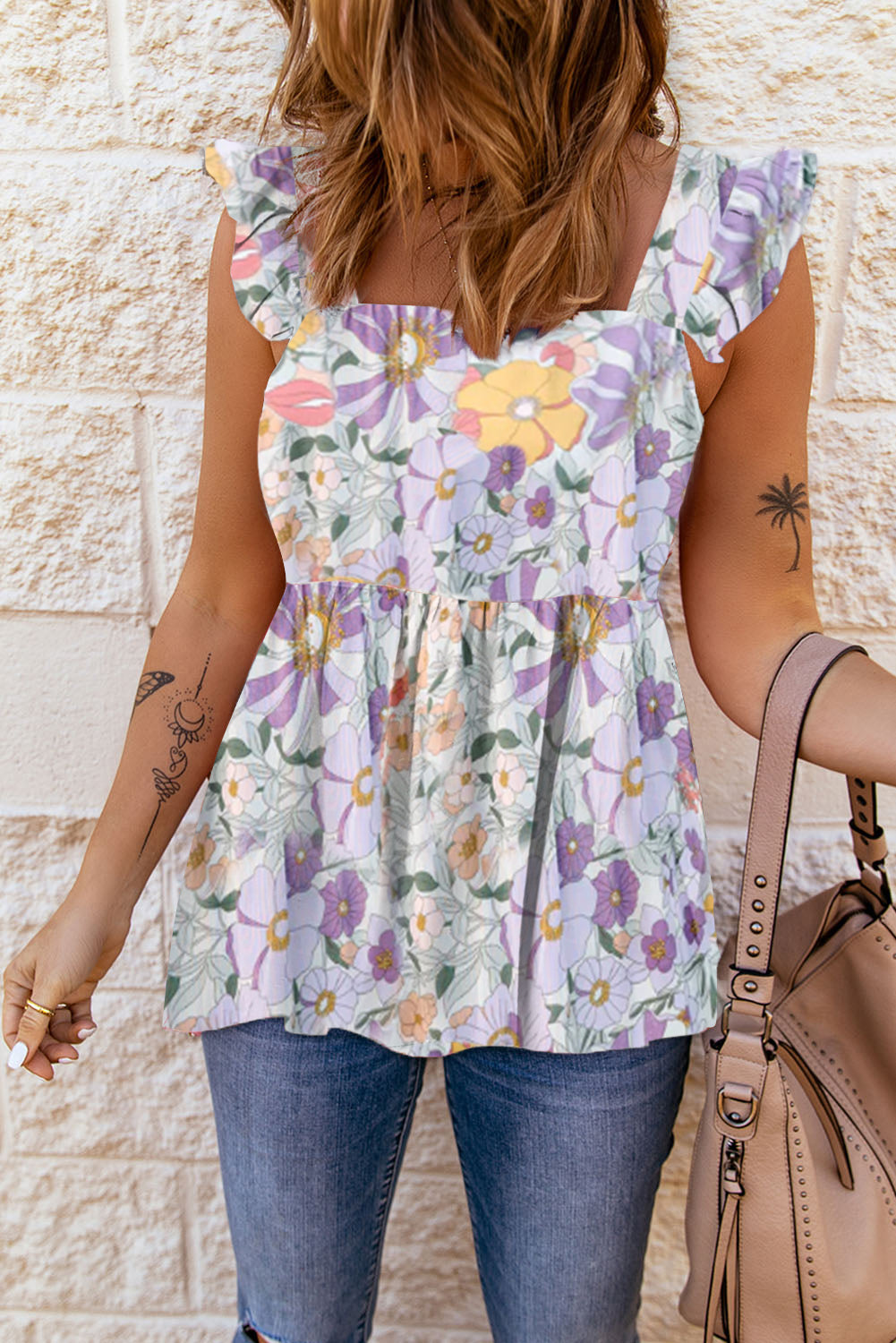 Multicolor Floral Print Flowy Flutter Sleeveless Shirt