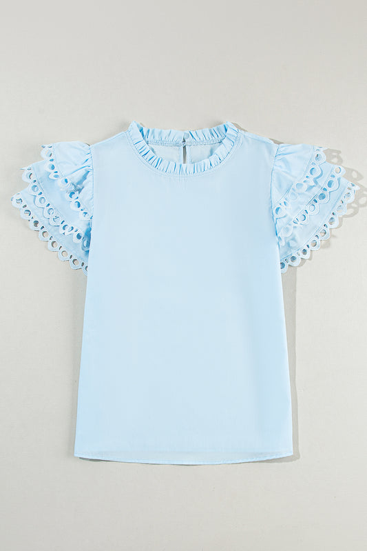 Beau Blue Layered Ric Rac Cap Sleeve Filled Neck Blouse