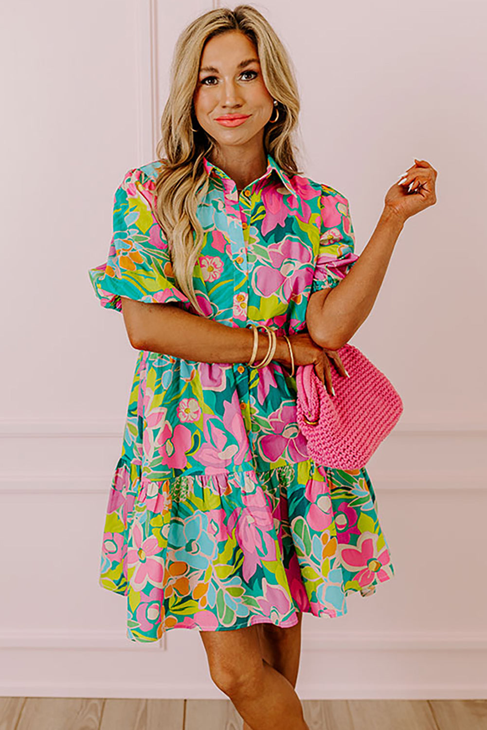 Green Floral Puff Sleeve Buttoned Babydoll Dress