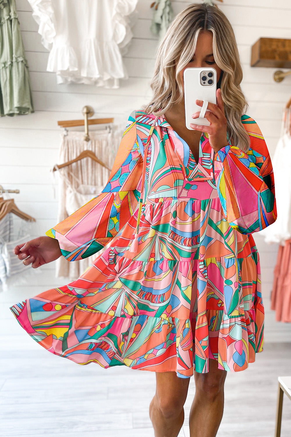 Multicolor Geometric Print Split Neck Ruffle Tiered Short Dress