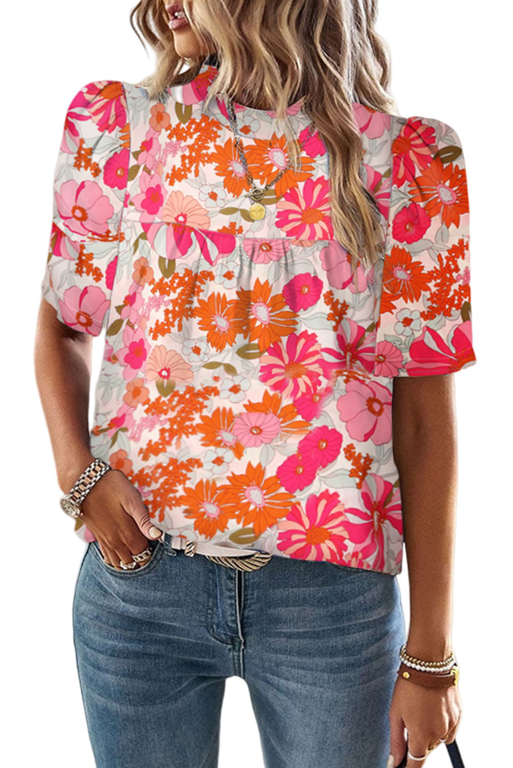 Multicolor Floral Print Tie Back Boho Short Sleeve Blouse