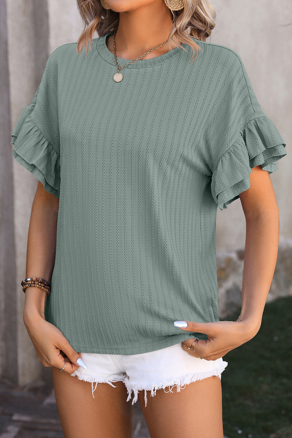 Mist Green Plain Textured Layered Ruffle Sleeve Blouse