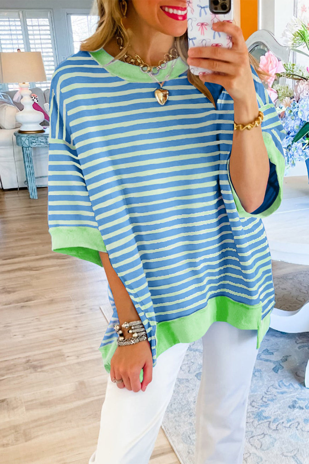 Sky Blue Stripe Contrast Drop Sleeve Loose Top