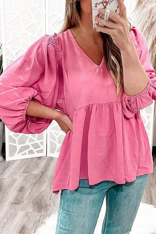 Pink Frilled V Neck Lantern Sleeve Babydoll Blouse