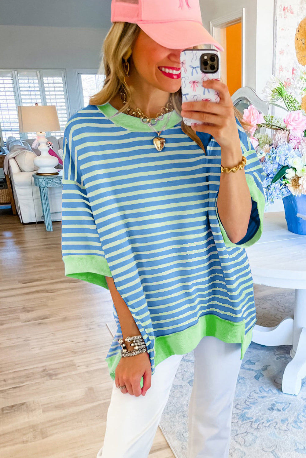 Sky Blue Stripe Contrast Drop Sleeve Loose Top