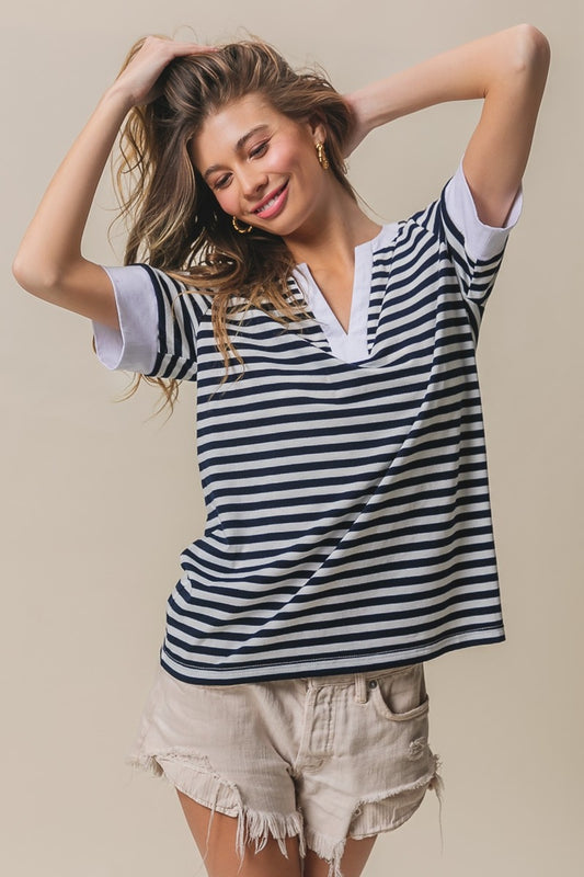 BiBi Contrast Striped Notched Knit Top