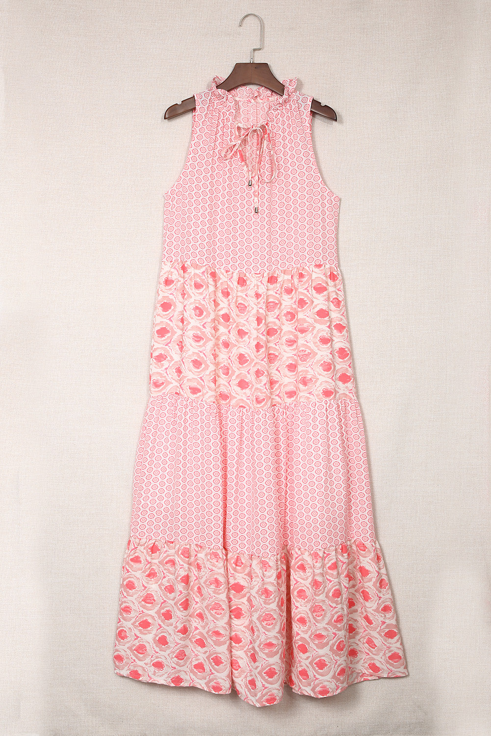 Pink Abstract Sleeveless V Neck Summer Tiered Dress