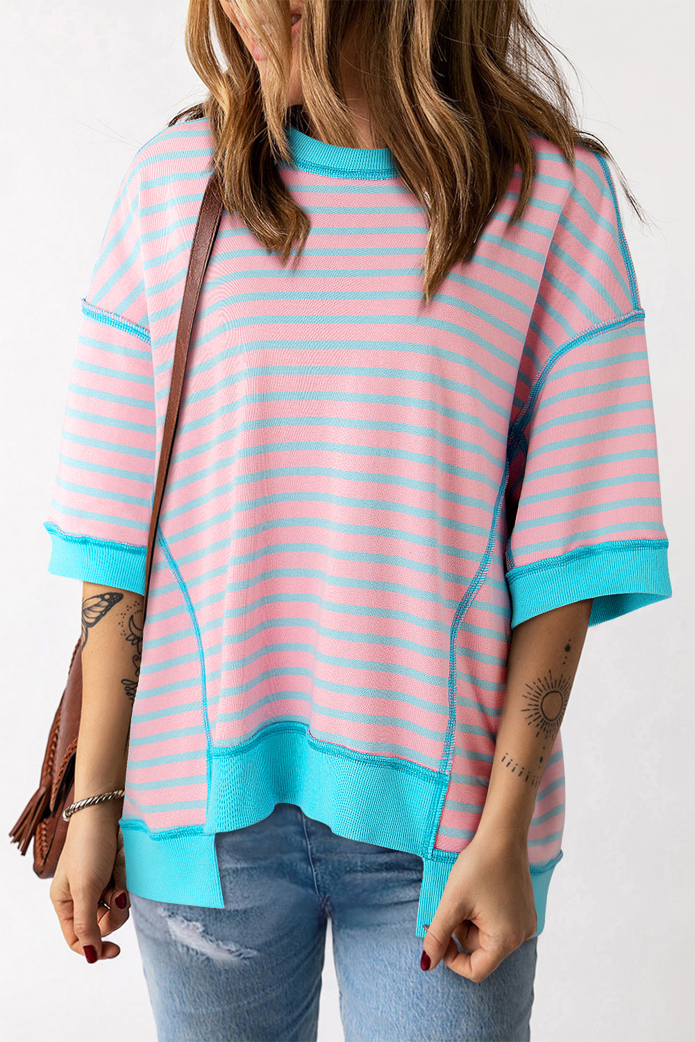 Sky Blue Stripe Contrast Drop Sleeve Loose Top