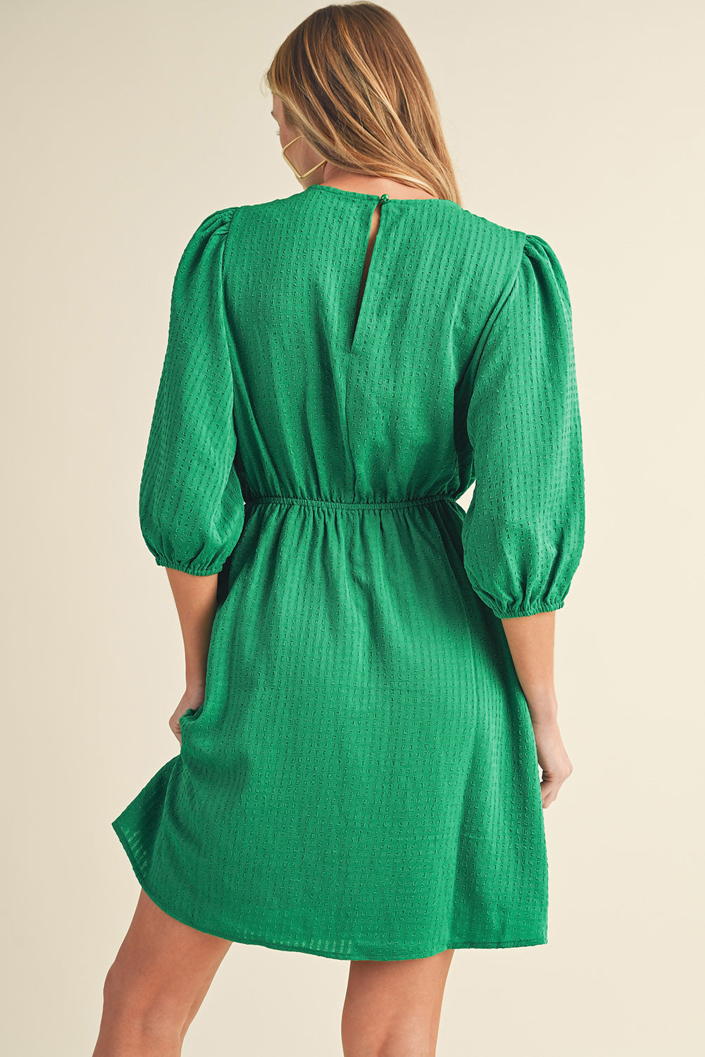 Dark Green Solid Color Round Neck Puff Sleeve Mini Dress