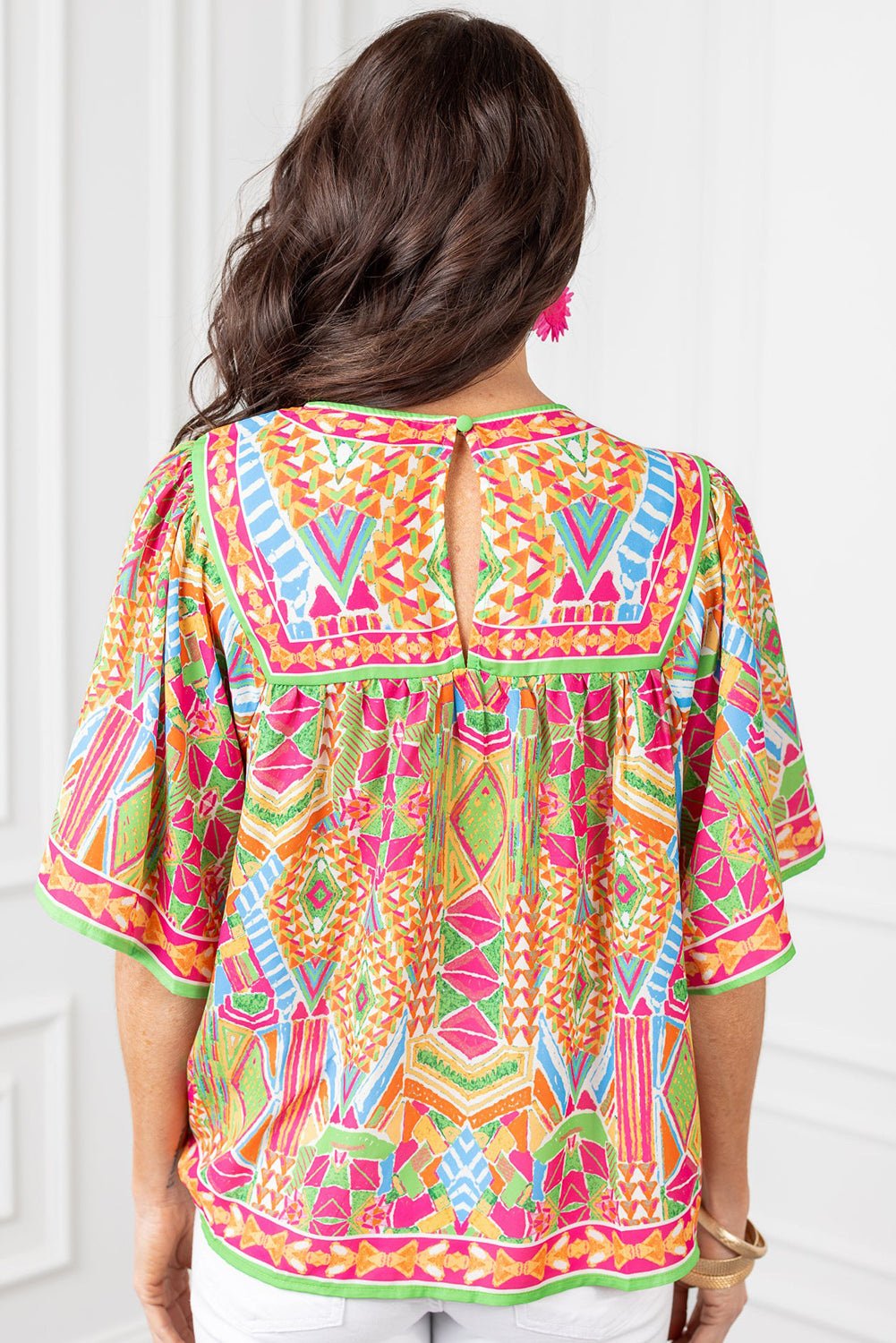 Orange Geometric Print Bell Sleeve Babydoll Blouse