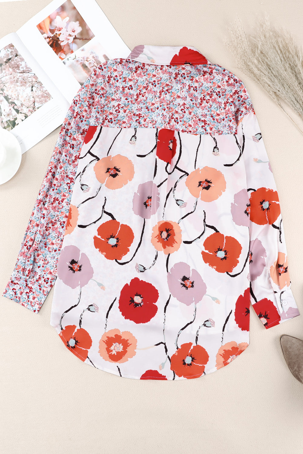 Red Bohemian Floral Pockets Patchwork Button Up Shirt