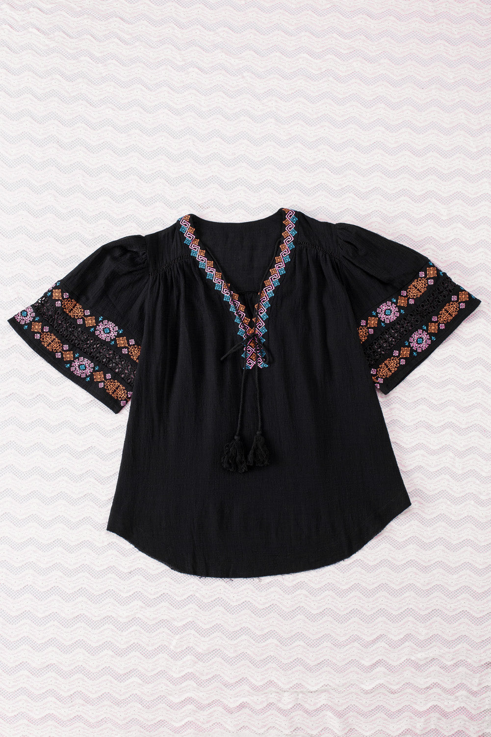 Black Boho Tassel Drawstring Cut Out Embroidered Blouse