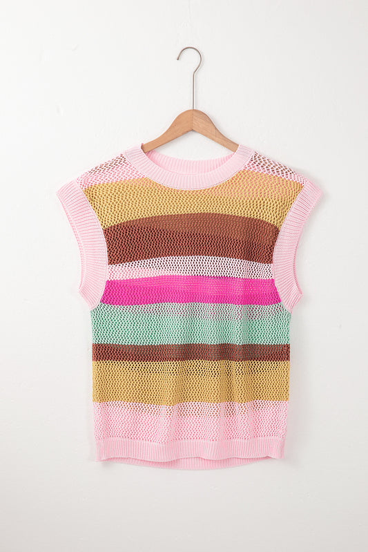 Pink Stripe Crochet Cap Sleeve Loose Fit Sweater T Shirt