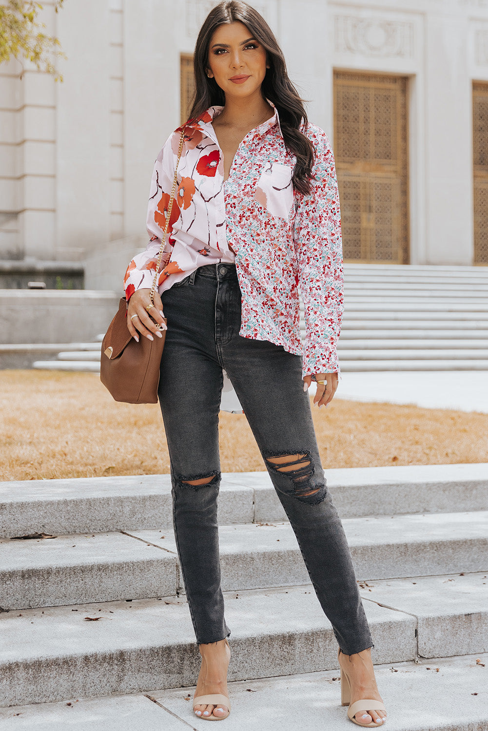 Red Bohemian Floral Pockets Patchwork Button Up Shirt