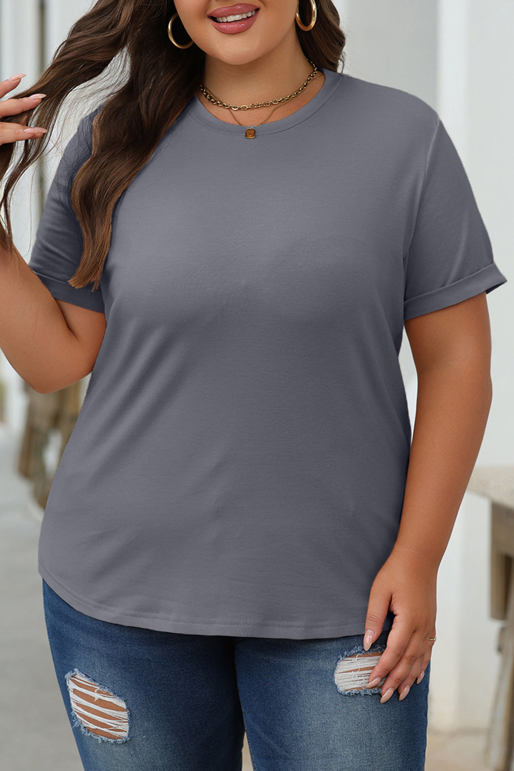 Gray Casual Plain Crew Neck Tee