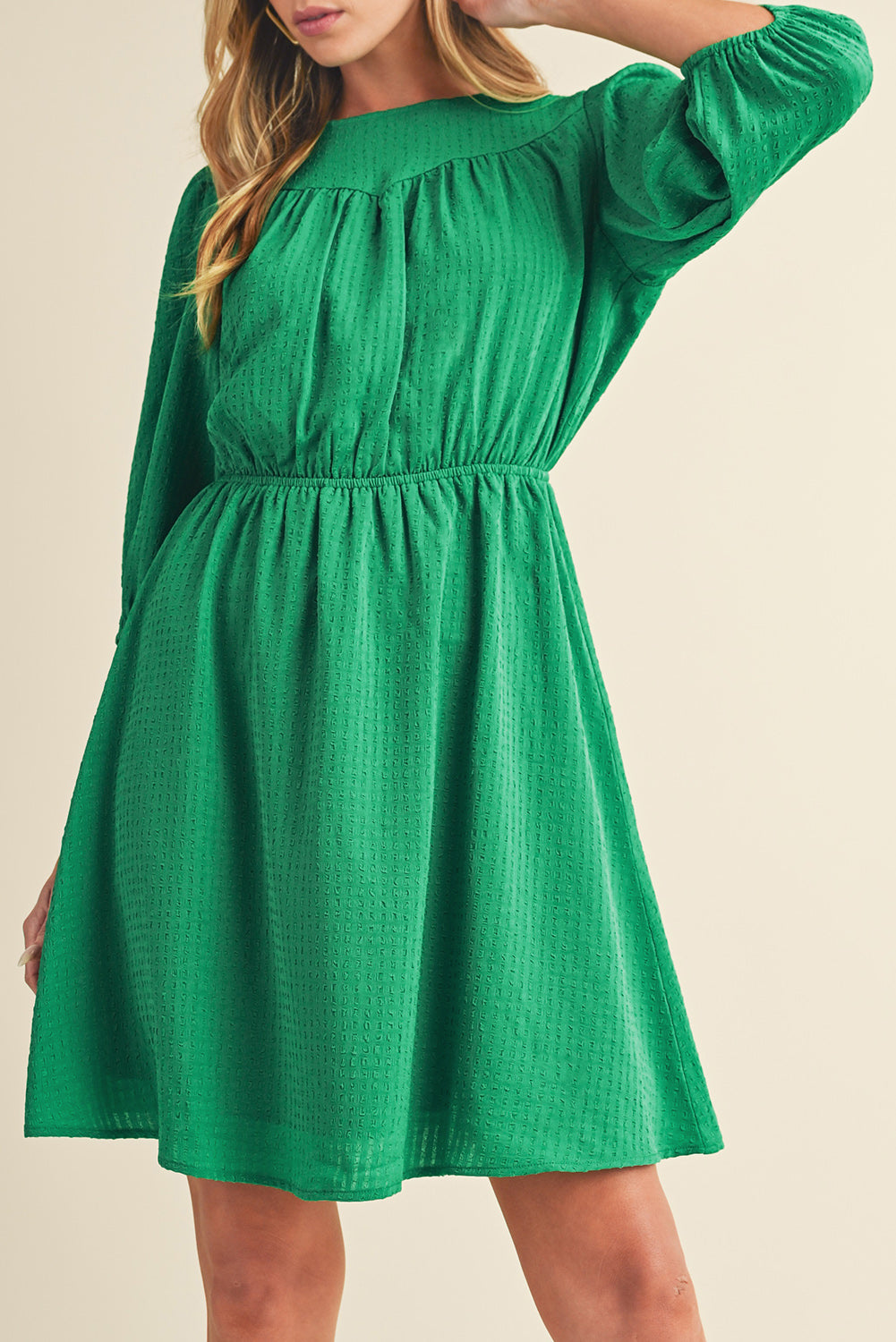 Dark Green Solid Color Round Neck Puff Sleeve Mini Dress