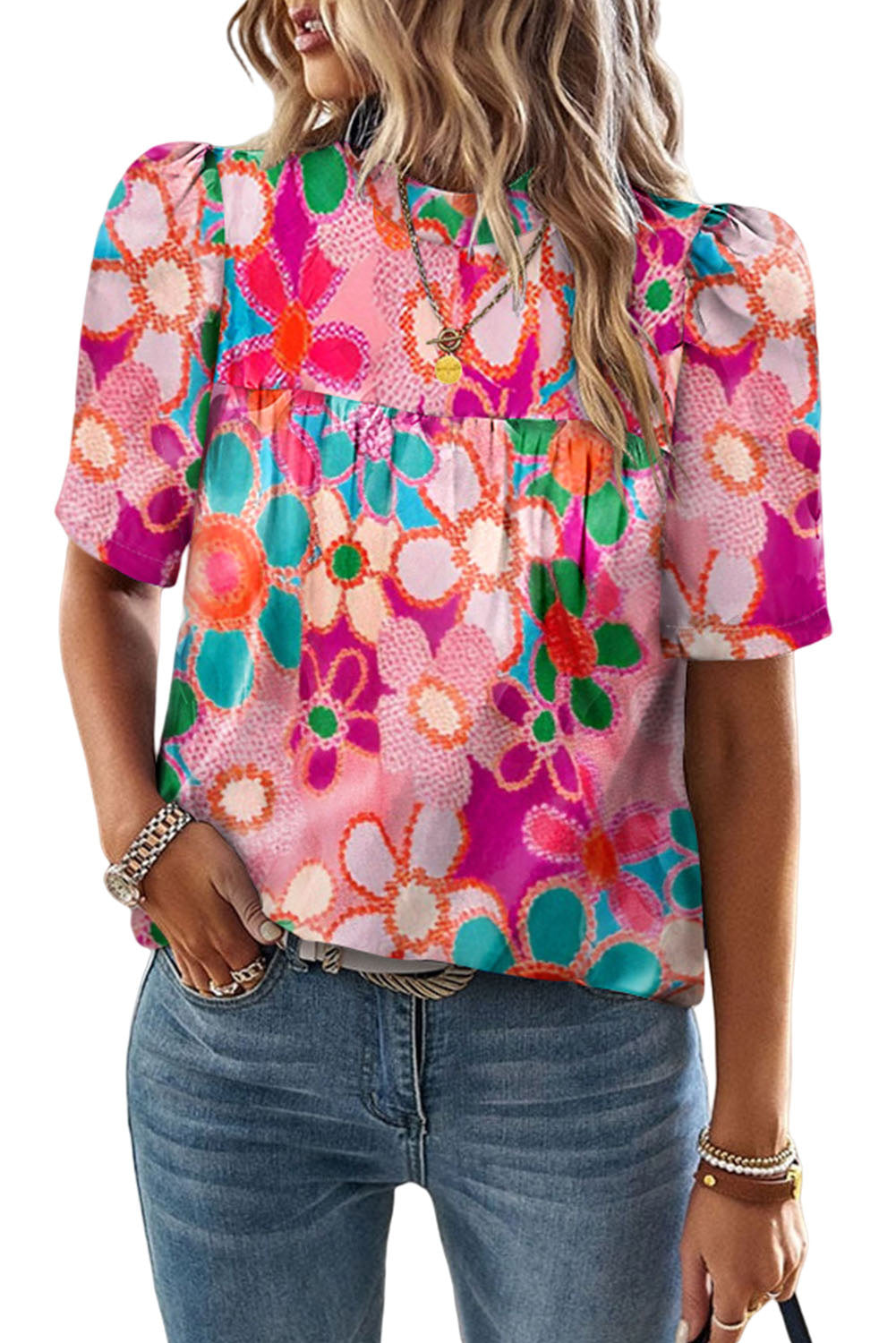 Multicolor Floral Print Tie Back Boho Short Sleeve Blouse