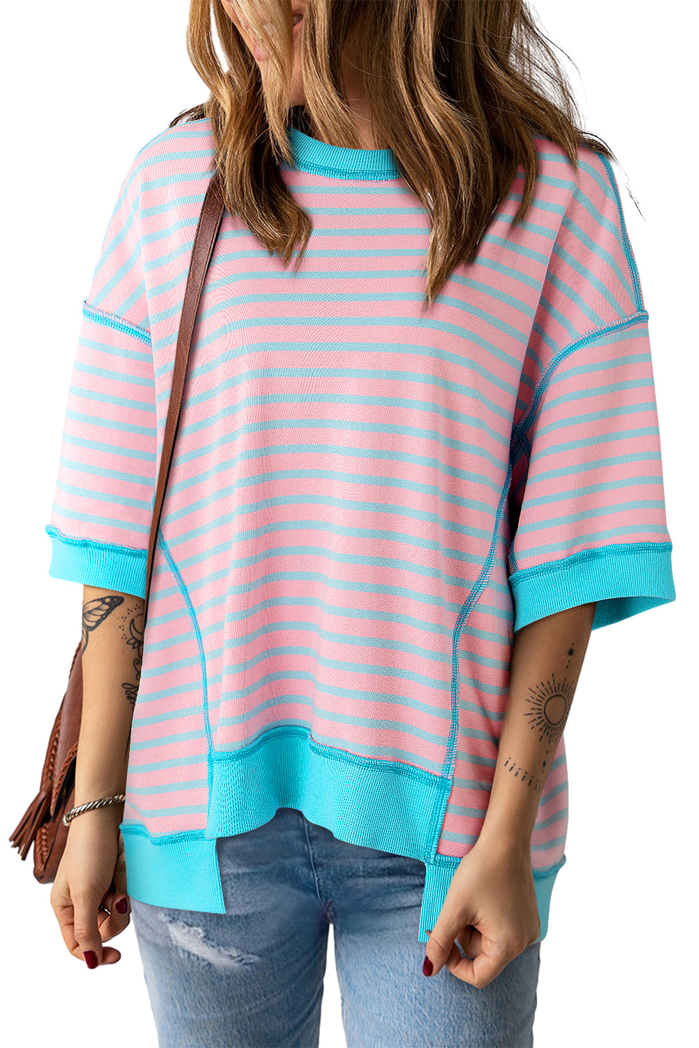 Sky Blue Stripe Contrast Drop Sleeve Loose Top