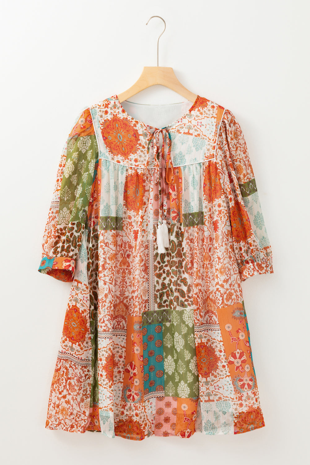 Orange Boho Paisley Mixed Print 3/4 Sleeve Chiffon Loose Dress