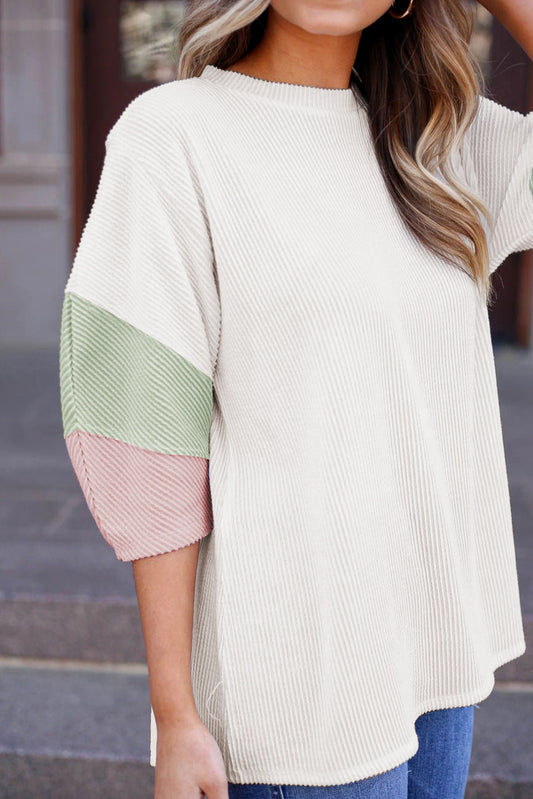 White Pit-striped Colorblock Drop Sleeve Top