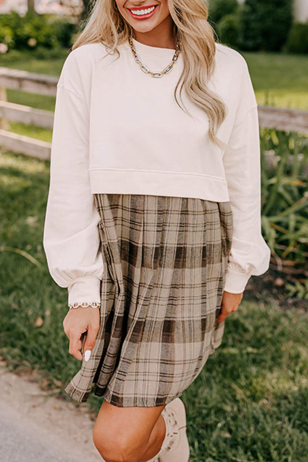 Beige Plaid Patchwork High Waist Sweatshirt Mini Dress