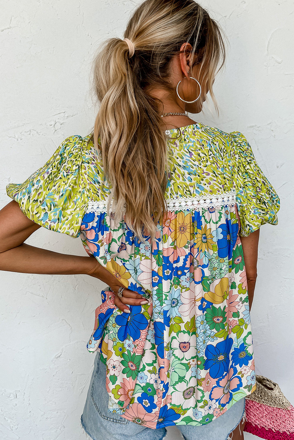 Rose Red Bubble Sleeve Lace Trim Floral Blouse