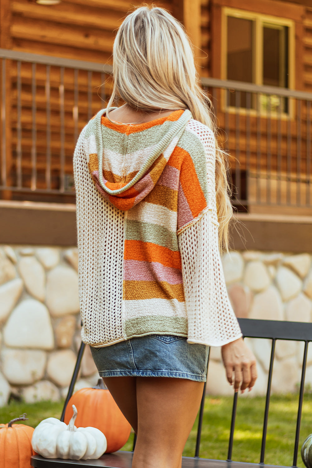 Beige Oversized Colorblock V Neck Hooded Sweater