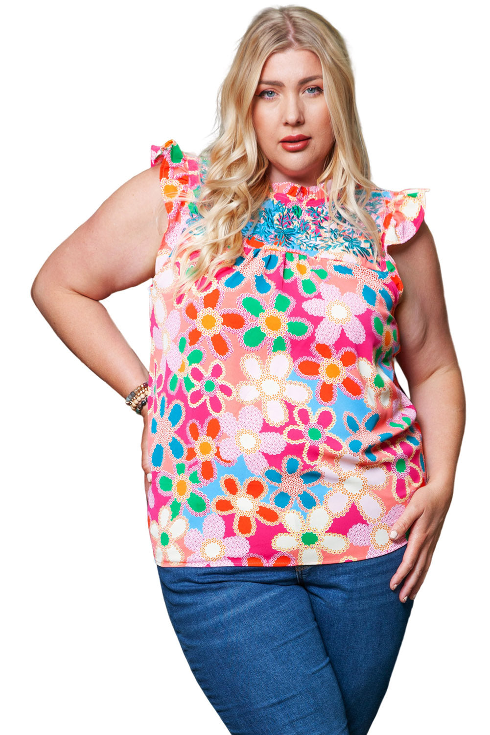 Multicolor Plus Size Floral Embroidered Flutter Sleeve Tank Top