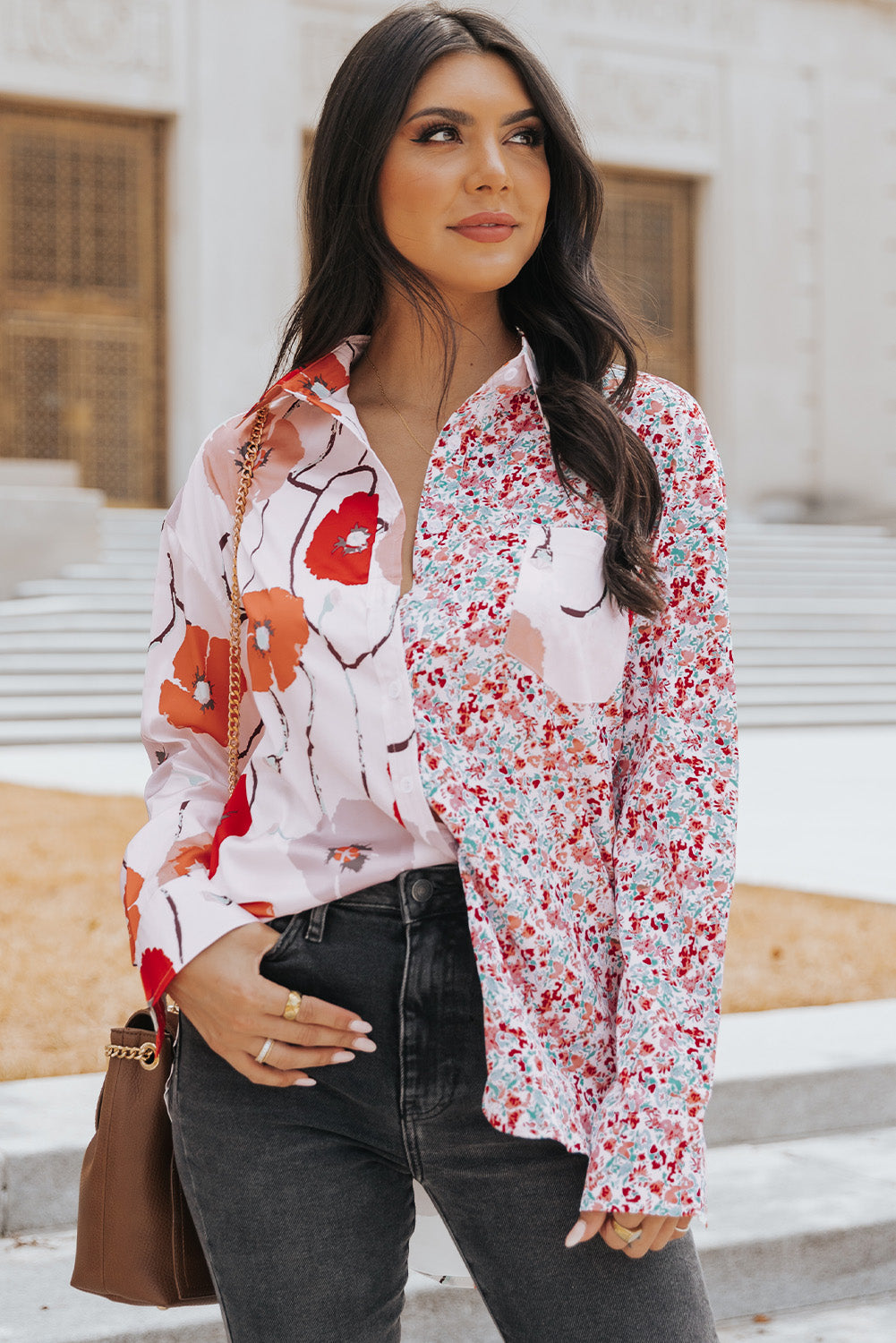 Red Bohemian Floral Pockets Patchwork Button Up Shirt