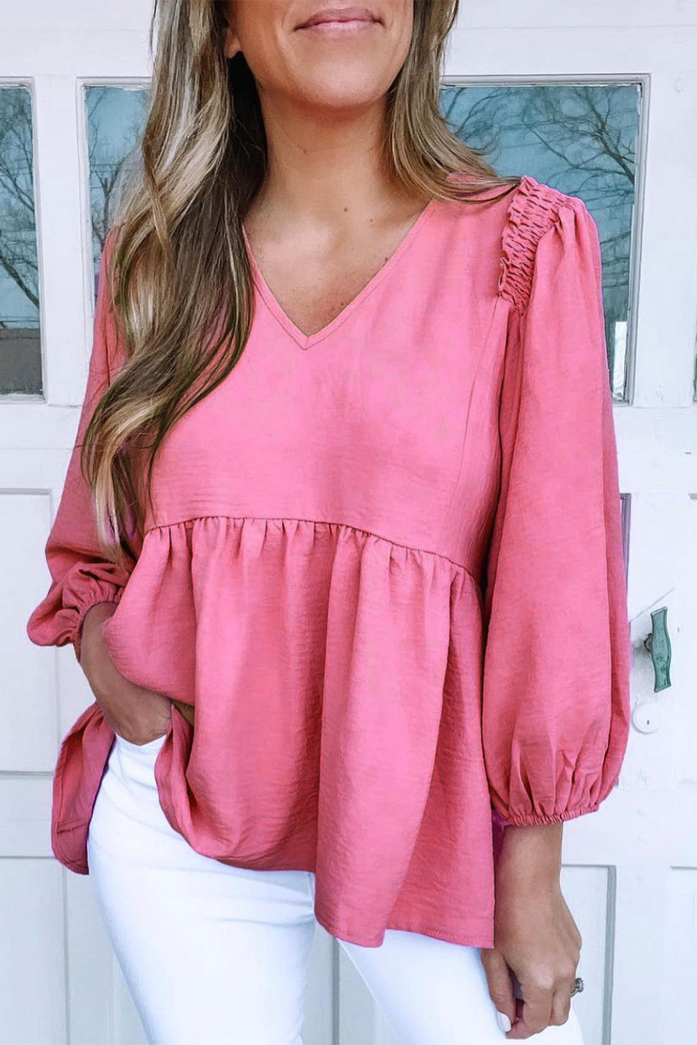 Pink Frilled V Neck Lantern Sleeve Babydoll Blouse